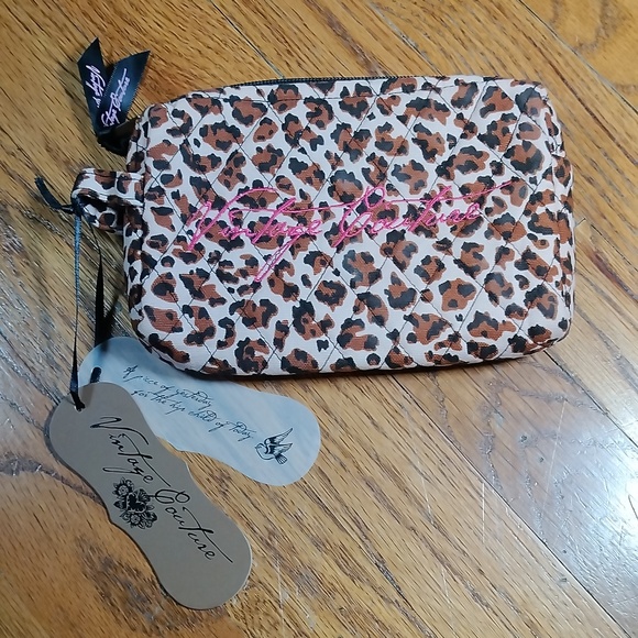 Vintage Countour Leopard Print Makeup Bag with Hot Pink Accent and lining NEW - Picture 1 of 7